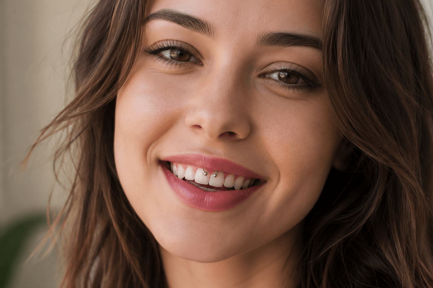 Natural smile with a visible upper frenulum piercing