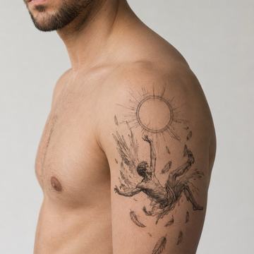 Icarus falling tattoo sketch with sun circle and feathers