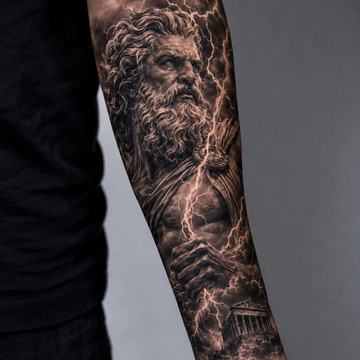 Zeus tattoo sleeve with lightning and clouds