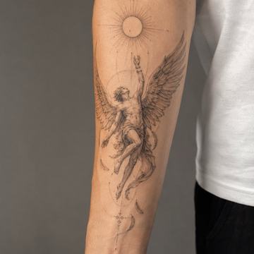 Icarus tattoo meaning shown through wings, sun and falling figure