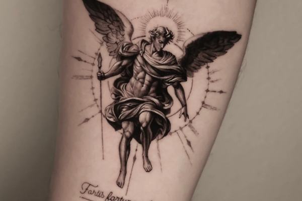 Guardian angel tattoo with halo and light rays