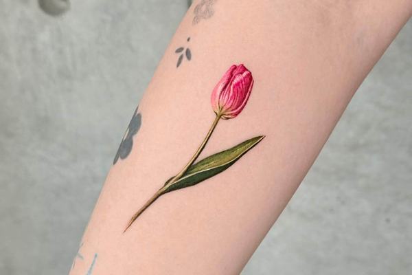 Realistic pink tulip tattoo on the arm