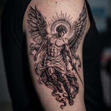 Realistic angel tattoo with large wings