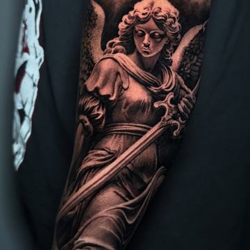 Realistic warrior angel tattoo with sword