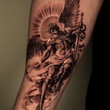 Dark warrior angel tattoo with sword