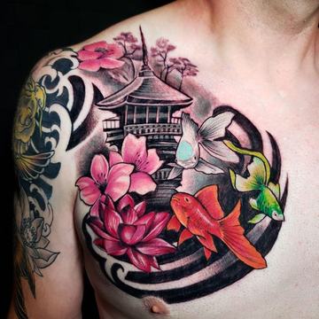 Japanese chest tattoo with koi fish, flowers and temple